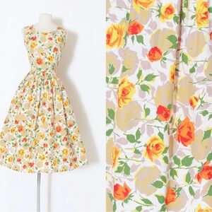 1950s Fall Dress, 1950s Autumn Dress, 1950s Floral Dress, 1950s Orange Dress